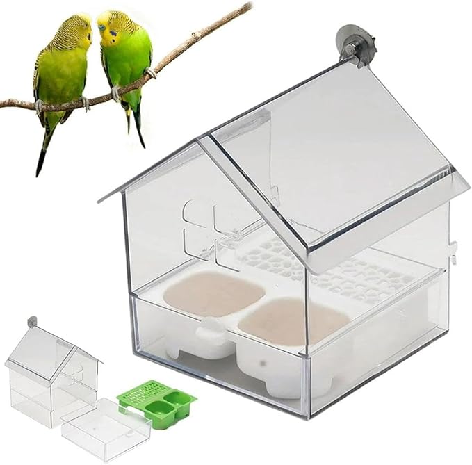 Pull-Out External Parrot Feeder, Hanging Wild Bird Seed with Squirrel Proof Tray, Acrylic Transparent Bird Bath Tub, Easy to Refill and Clean, Food Dispenser for Balcony Garden Fence (White)