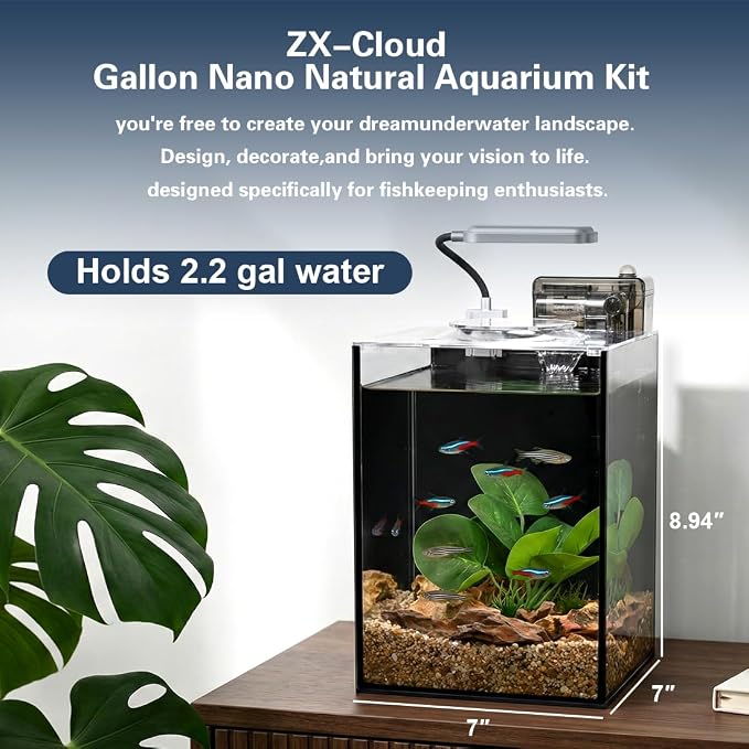 2.2 Gallon Fish Tank with Light,Filter,Lid,Landscape Accessories | Tall Fish Tank,Aquarium Starter Kit,Ultra-Clear Glass Aquarium,for Small Fish,Shrimp,or Betta