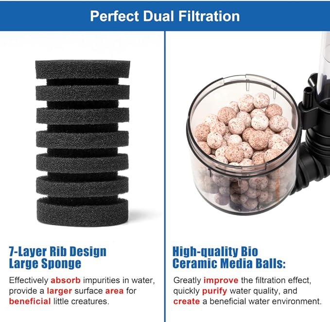 DaToo Aquarium Sponge Filter Fish Tank Foam Filter Quiet Submersible Bio Sponge Filter with 2 Spare Sponges and 1 Bag of Bio Ceramic Media Balls