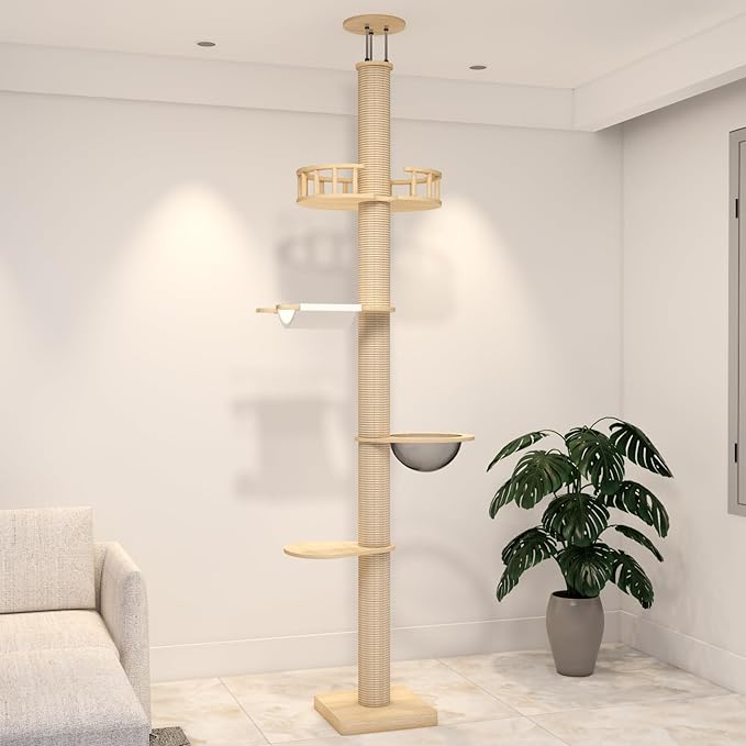 Floor to Ceiling Cat Trees for Kittens＆Large Cats with Natural Rope, Tall Cat Tree to Ceiling,Adjustable Height 82-112 Inches, DIY Wooden Tower Condo, Tall Cat Activity Tree(Deluxe Style 2)