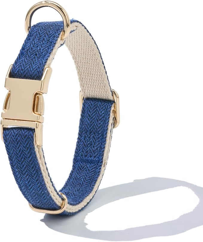 Luxury Soft Cotton Tweed Fabric Dog Collar & Leash Set with Gold Buckle – Durable Fabric, Stylish Design for Everyday Walks(Small Navy)