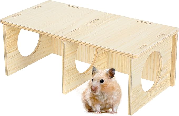 Wooden Hamster Hideout, 2 Chamber Hideout Tunnel Exploring Toy with Peep Windows Wood Cage Accessories for Gerbils Mice Rats