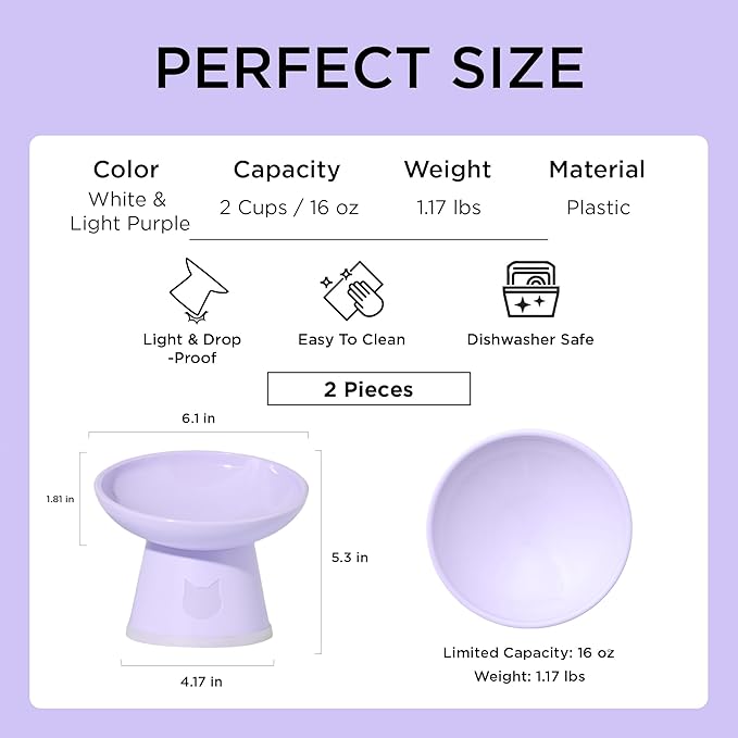 Necoichi 2pcs Tilted Elevated Cat Food Bowls BPA-Free Plastic 15° Tilted Raised Cat Bowl for Whisker & Neck Fatigue, Dishwasher Safe Non-Slip & Anti-Vomiting Ergonomic Design (Lilac Ice)