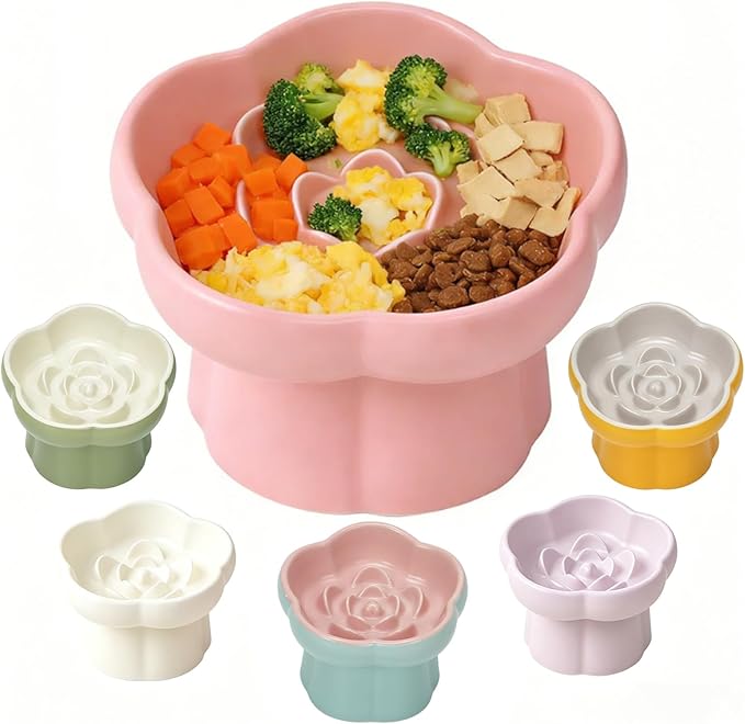 Cat Slow Feeder Flower-Shaped Ceramic Slow Feeder Cat Bowl, Tilted Raised Cat Slow Feeder Bowl for Whisker Relief, Prevents Vomiting & Bloating, Non-Slip Base (Pure Pink)