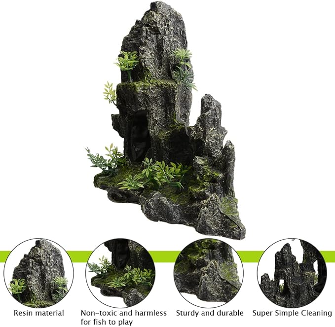 Saim Large Aquarium Mountain View Stone 11.02" Tall Resin Cave Ornament – Betta Hideout with Artificial Plants, for Cichlids Goldfish, Multi-Cave Aquascape Fish Tank Accessories