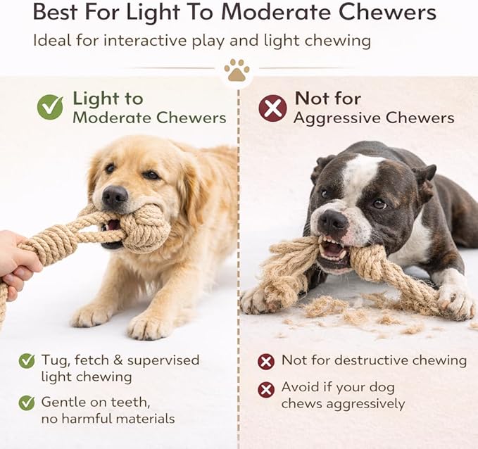 Natural Hemp Rope Dog Toy, Eco-Friendly Tug Toy for Interactive Play & Fetch, Safe Non-Toxic Alternative to Synthetic Rope Toys, Light to Moderate Chewers, Medium