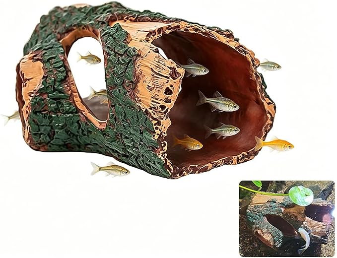 Shrimp & Fish Aquarium Decor, Hollow Tree Trunk for Fish Tank Decor, Artificial Wood Aquarium Caves and Hideouts, Betta Fish Tank Accessories