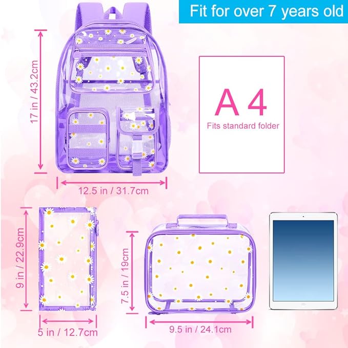 CCJPX 3Pcs Clear Backpack for Girls, School Transparent Bookbag, Heavy Duty See Through Backpacks for Teens Elementary