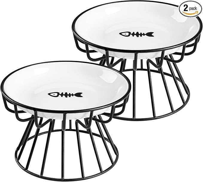 Cat Bowls, Elevated Cat Bowl, Raised Ceramic Dish with Metal Stand, Pet Water or Food Feeding Station for Indoor Cats, Kitten, Puppies and Small Dogs, Dishwasher Safe (Raised Cat Bowl(2 pack))
