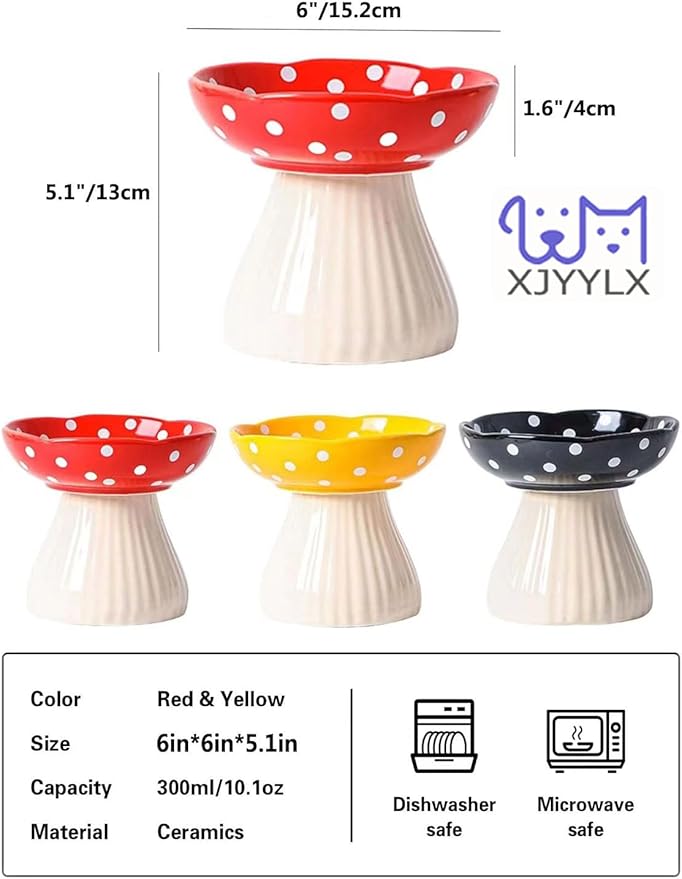 Elevated Mushroom Cat Bowls Ceramic, Raised Cat Bowls for Indoor Cats, Cute Whisker Fatigue Cat Bowl, Raised Dog Bowl Stand for Food and Water, Yellow 6" Wide for Adult Cats