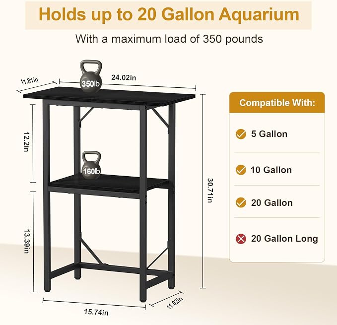 Snughome 10-20 Gallon Fish Tank Stand, Aquarium Stand 2-Tier Storage Shelves, Heavy Duty Terrarium Stand for Home Office Fish Tank Shelf, 24" L x 11.81" W x 30.71" H, Black