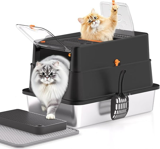 Stainless Steel Cat Litter Box, XL Enclosed Cat Litter Box with Lid, Easy to Clean High-Sided Metal Kitty with Top Entry, Scoop, Mat, Brush & Foot Pedal-Black
