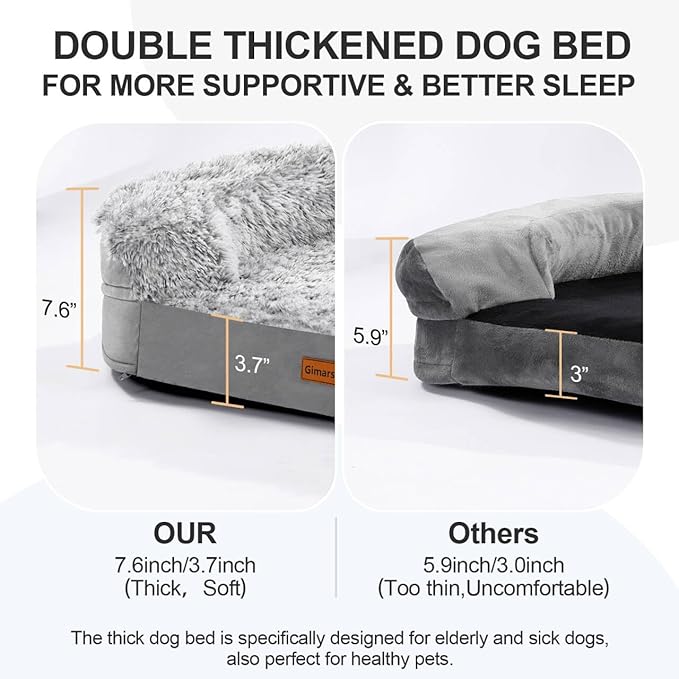 iweepet 3.7 inch Thickened Orthopedic Dog Beds for Large Dogs, Fluffy Supportive Dog Sofa Bed with 28D Egg-Crate Foam, Removable Washable Plush Cover, Waterproof Lining, Cozy Oval Design, Grey