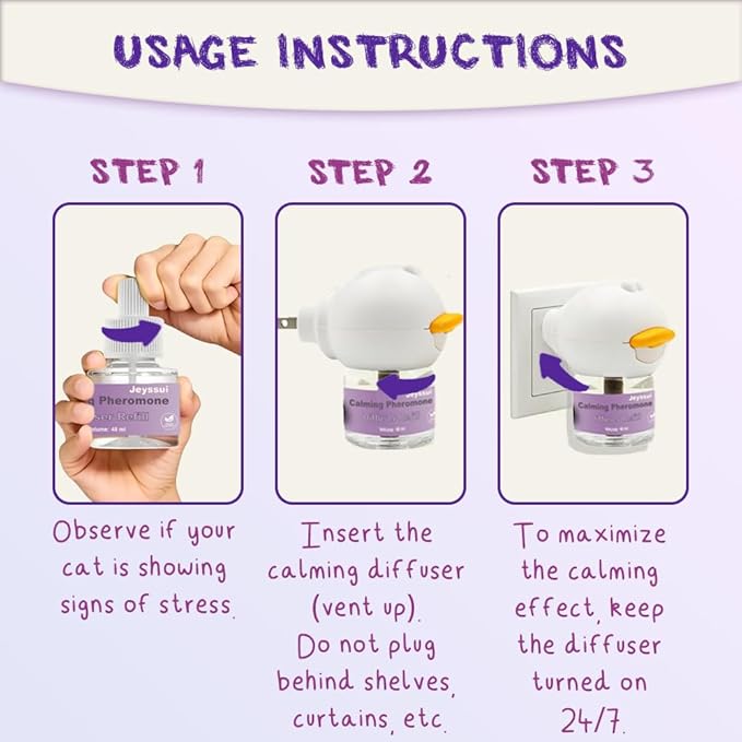 Cat Calming Pheromone Diffuser Kit, Cat Pheromones Calming Diffuser with 2 Refills, Calming Cat Diffuser for Anxiety Relief, for Home Noise, Alone Anxiety & Groom Stress, 30 Days Per Vial