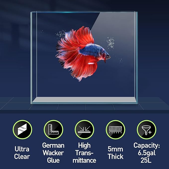 LAQUAL 6.5 Gallon Ultra Clear Glass Fish Tank, Rimless Low Iron Aquarium for Betta/Nano/Goldfish/Snail/Shrimp, Fish Tank & Cover Set & Feeding Ring & Cleaning Tools