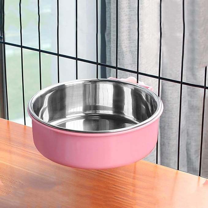 Crate Dog Bowl,Removable Stainless Steel Water Food Feeder Bowls Crate Coop Cup,Pet Cage Bowls with Bolt Holder for Cat, Puppy, Birds, Rats, Rabbits Small Animals ((Green+Pink) Round, Large)