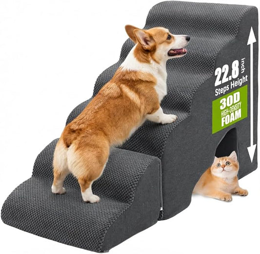 Dog Stairs for High Beds Up to 25", Gentle Slope Pet Dog Steps for Small Dogs, Non-Slip Sturdy Doggie Ramp Steps for Elder Dogs/Cats to get on Bed/Couches, Grey