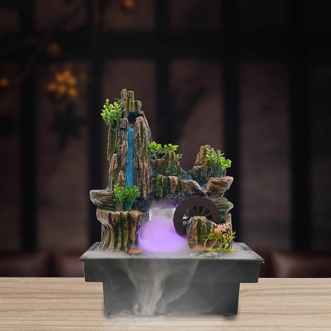 Indoor Fountain Rockery Tabletop Fountain with an Atomizer Elaxation, 7.9''L x 7''W x 10.6''H with LED Light Water Feature Meditation Desktop Fountains for Home Office Decor or Gift