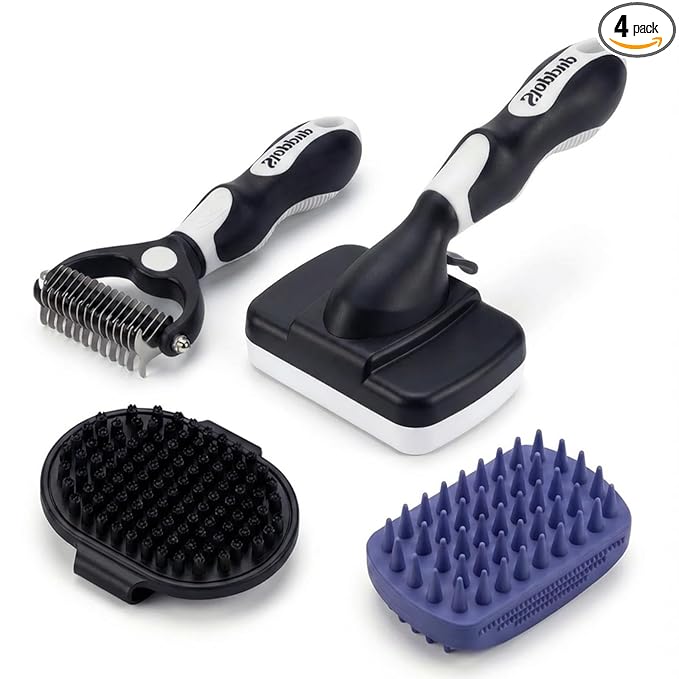 PETIMP STORE 4PCS Self Cleaning Slicker Brush, Pet Grooming Rake, Bath Brush & Massage Brush for Short/Long Haired Dogs, Cats & Horses, Pet Grooming Deshedding Tools - Pet Supplies (White Black)