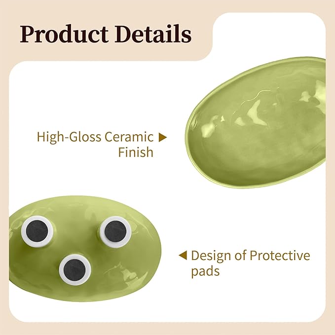 Three-Leg Ceramic Fruit Bowl, 10 Inch Oval Serving Dish for Kitchen Counter, Candy or Key Holder, Home Decor Accent Beige Green