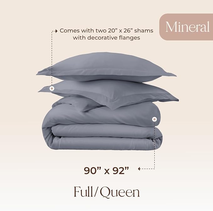 100% Organic Cotton Duvet Cover Queen Size - Naturally Soft Lightweight & Cooling Duvet Cover Set with Decorative Shams - Premium GOTS Certified 300 Thread Count Sateen Weave (Mineral, Queen)