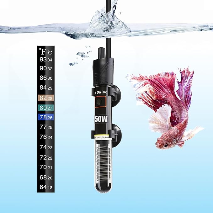 DaToo Mini Aquarium Heater 50W Small Fish Tank Heater 50 Watt with Free Thermometer Sticker(50W)