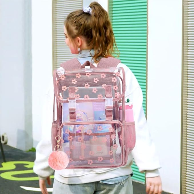 17" Plum Blossom Clear Backpack for Girls - 3Pcs Flip Design Stadium Approved Set, Campus/School Transparent Bookbag (Pink)