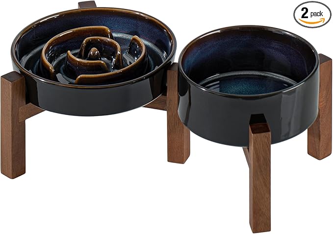 Havniva Elevated Slow Feeder Dog Bowls, 1.2 Cups/7.3 inch Slow Feeders + 6.1 inch Ceramic Dog Food & Water Bowls Set with Acacia Wood Stand Puzzle Bowls for Fast Eater, Small Dogs Anti-Choking