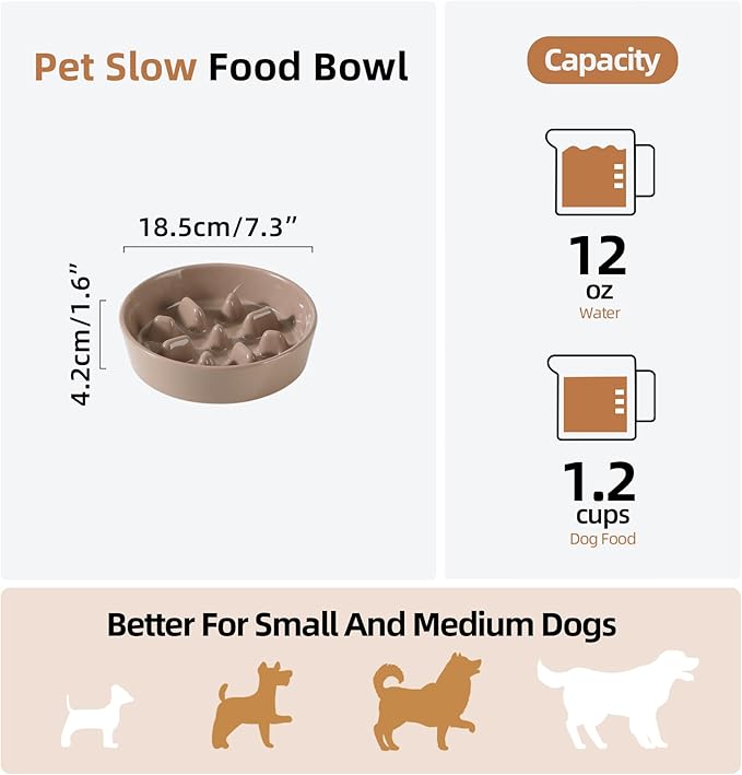 Havniva Ceramic 1.2 Cup Dog Bowl Slow Feeder, 7.3 inch Slow Pet Food Dish for Medium and Small Dog, Stop Bloat, Stop Bloat, Preventing Choking(Single Bowl, Brown Coffee)