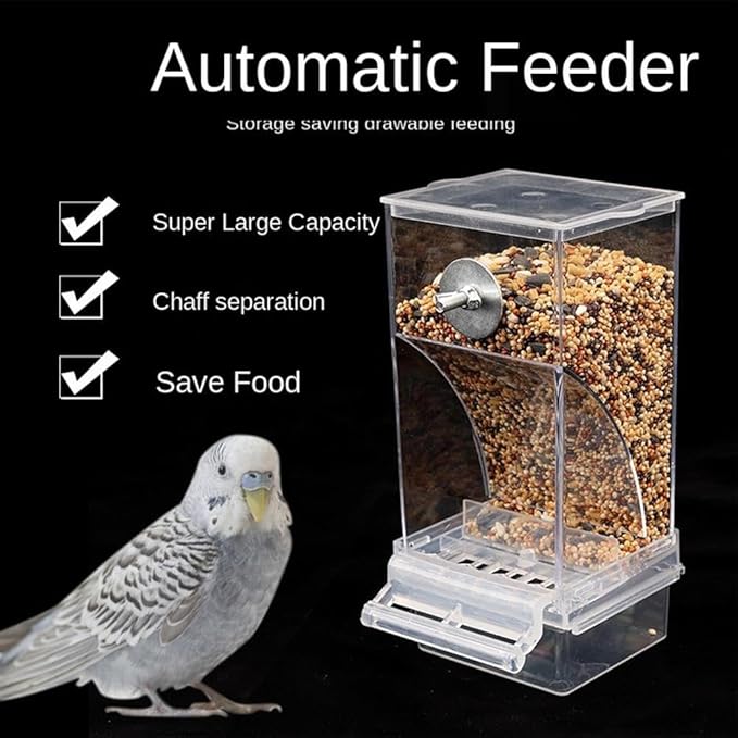 No Mess Bird Feeder for Cage,Automatic Parrot Feeder Cage Accessories,Transparent Parakeet Seed Container Food Feeder Drinker for Cage,No-Spill Transparent Bird Feeder (Clear)