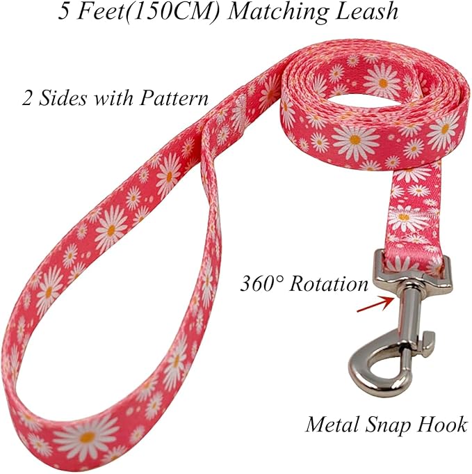 Dog Collar Leash Set, Floral Pattern, Polyester Material, Adjustable Collar and 5ft Matching Leash, for Medium Dogs.(M, Daisy)