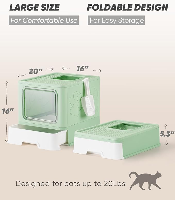 Covered Litter Box, Large Litter Box for Big Cats, Enclosed Cat Litter Boxes with Lid, Top Entry Kitty Litter Box with Scoop, Odor Control, Easy to Clean (Green)