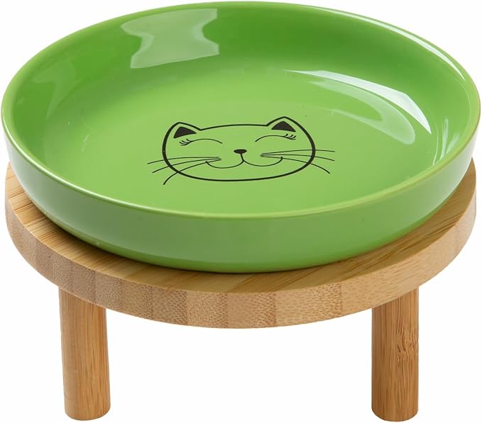 Lusifaco Shallow Elevated Cat Bowls,5.9 Inch Wide Raised Ceramic Cat Dishes with Bamboo Stand, Whisker Friendly Pet Water or Food Plates Feeding Station for Indoor Cats, Kitten(Green,Set of 1)