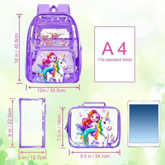3Pcs Clear Backpack for girls, 16" Mermaid Unicorn Transparent Bookbag, Large See Through PVC School Backpacks with Lunch Box(Purple)