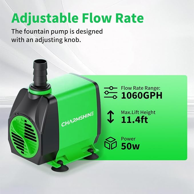 Pond Pump Water Fountain Pumps Submersible Outdoor 50W 1060GPH with 5 Nozzles & Filter Screen, Reinforced Motor, 8.2ft Power Cord, 3-Prong Plug Water Pump for Hydroponics,Pond,Fish Tank