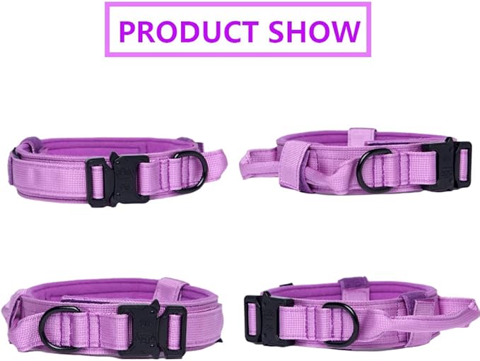 Xqpetlihai Tactical Dog Collar and Leash Set Adjustable Military Nylon Dog Collar with Control Handle and Heavy Duty Metal Buckle for Large Dogs（Purple S