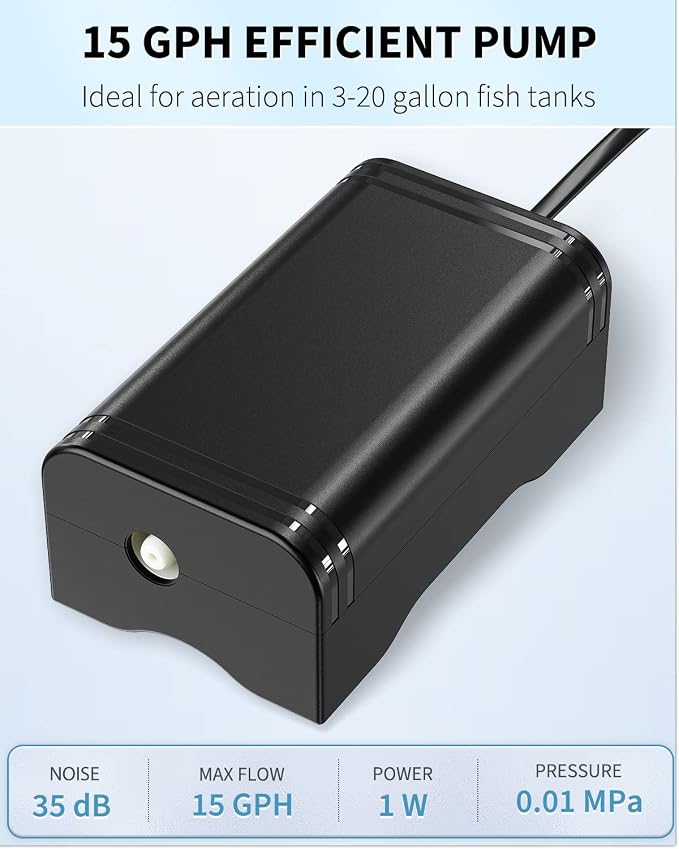Pawfly 15 GPH Aquarium USB Air Pump Mini Quiet Oxygen Aerator Pump with Bracket Airline Tubing Air Stone Control Valve and Check Valve Accessories for 3-20 Gallon Nano Fish Tanks and Buckets
