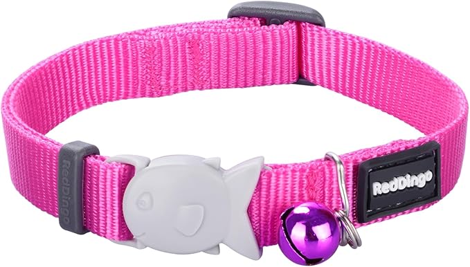 Red Dingo Classic Safety Release Breakaway Premium Cat Collar – Adjustable One Size Fits All with Soft Nylon Webbing, 4.4lb Safety Release Fish Clip, Stainless Steel D-Ring, Wildlife Bell – Hot Pink