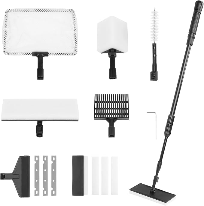 RUKANG Fish Tank Cleaner, 6 in 1 Aquarium Cleaning Tools Kit with 23~34 Inches Adjustable Long Handle Replaceable Blade Silicone Strip Algae Scraper Scrubber Brushes Set