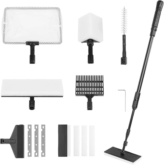 RUKANG Fish Tank Cleaner, 6 in 1 Aquarium Cleaning Tools Kit with 23~34 Inches Adjustable Long Handle Replaceable Blade Silicone Strip Algae Scraper Scrubber Brushes Set