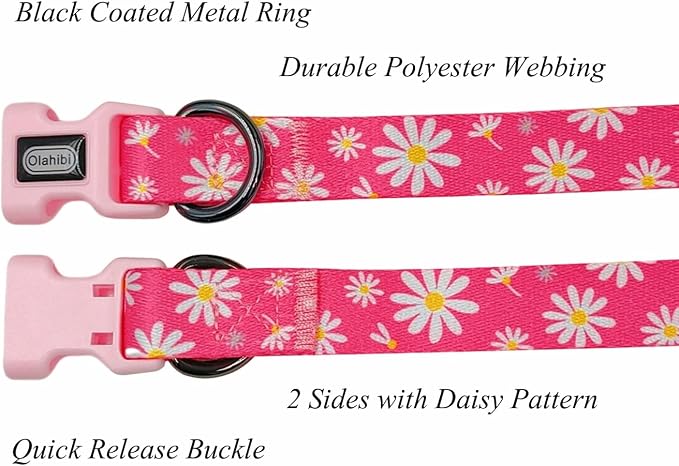 Dog Collar Leash Set, Floral Pattern, Polyester Material, Adjustable Collar and 5ft Matching Leash, for Puppy Dogs.(XS, Pink Daisy)