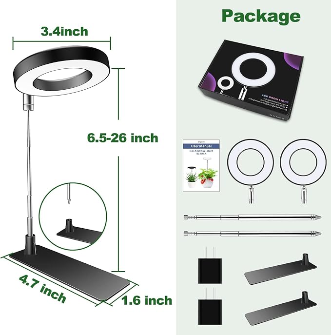 Aokrean Grow Lights for Indoor Plants, 48 LEDs Full Spectrum Plant Light for Indoor Plants, Height Adjustable Growing Lamp with Base, 3 Optional Spectrums, Auto Timer 3/9/12Hrs, 10 Brightness, 2 Pack