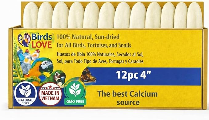 Birds LOVE 3.5-4″ Cuttlebone for Birds – 100% Natural Sun-Dried Calcium Carbonate Mineral Supplement – for Parakeets, Budgies, Cockatiels, Finches & Canaries – 12 Pack with Holder – Made in Vietnam