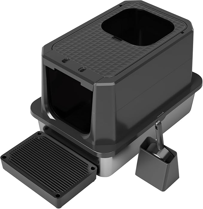 RIZZARI Enclosed Cat Litter Box: All Black Stainless Steel - Odor-Resistant & High-Sided - Teflon Non-Stick Coating for Quick Cleaning - Large Top-Exit Pan for Modern Homes Balcony