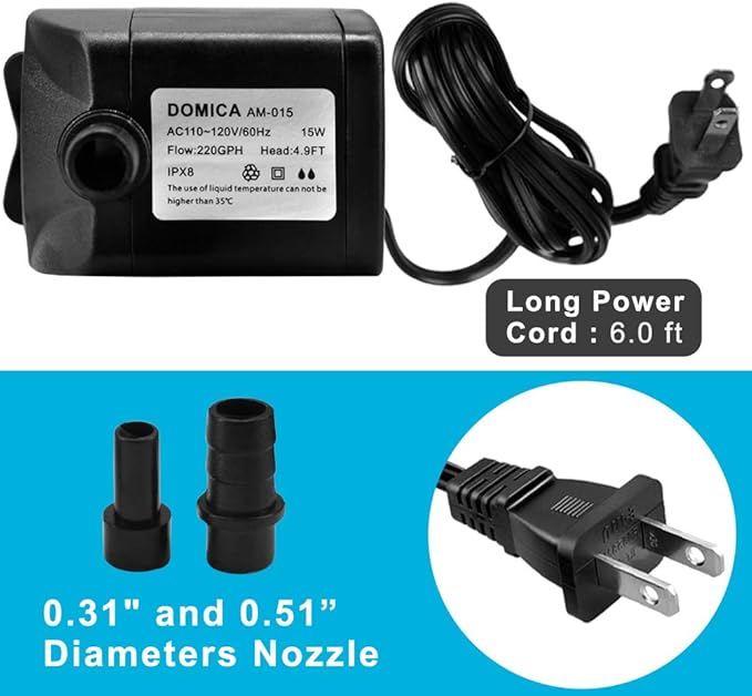 DOMICA 220GPH Ultra Quiet Fountain Pump (15W 800L/H), Small Submersible Pump for Pond, Water Feature, Aquariums, Fish Tanks, Hydroponics, Indoor or Outdoor Fountain (AC Powered)