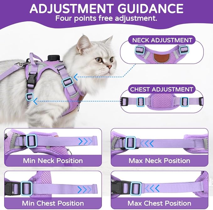 Cat Harness and Leash Set with Tracker Holder, Upgraded Escape Proof Kitten Harness with Lead for Large Adult Cats, Soft Mesh Puppy Reflective Adjustable Jacket Vest for Walking, Purple M