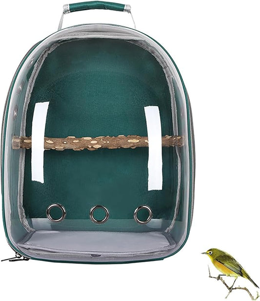 Bird Carrier Backpack with Wood Perch, Transparent Bird Travel Cage, Portable Pet Carrier Backpack, Breathable Hangbag for Vet Transport Camping Hiking (Green)