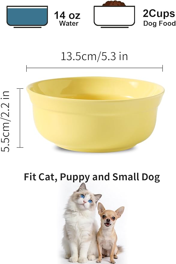 5.3 Inch Yellow Ceramic Small Dog Bowl Sets - Porcelain Wide Mouth Cat Food or Water Bowls, Cute Feeding Bowls for Indoor Small Size Dog, for Wet or Dry Food