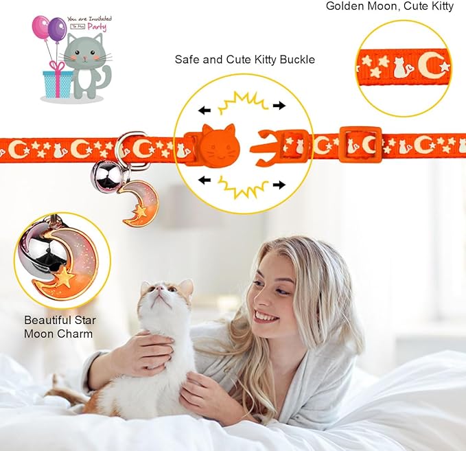 Baeuppit 2PCS Breakaway Cat Collars with Bell Cute Kitty Glow in The Dark Adjustable Kitten Collars 7.9-13.0 Inch(Orange&Black)
