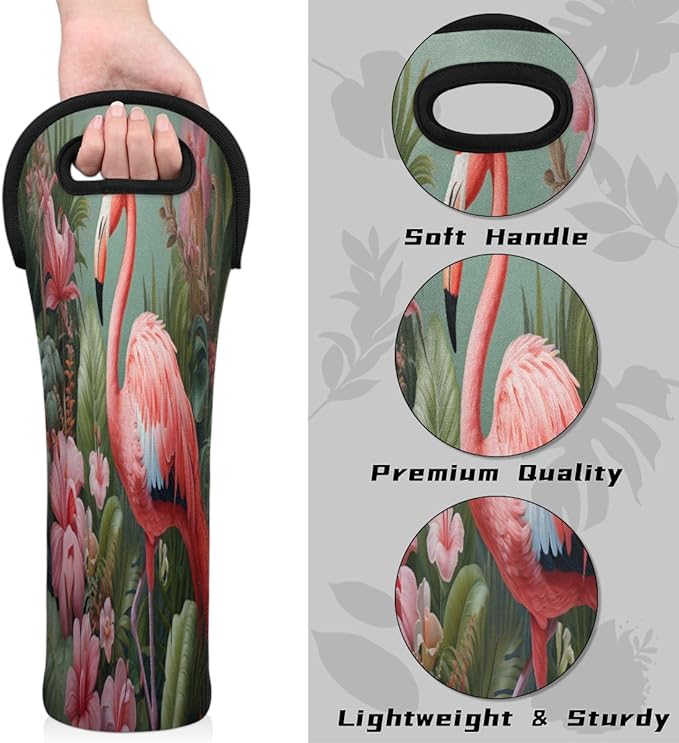 Flamingo Tropical Flowers Wine Bag Single Bottle Wine Tote Bag Neoprene Wine Carrier Bags with Carry Handle Portable Wine Bottle Holder for Travel Party Picnic